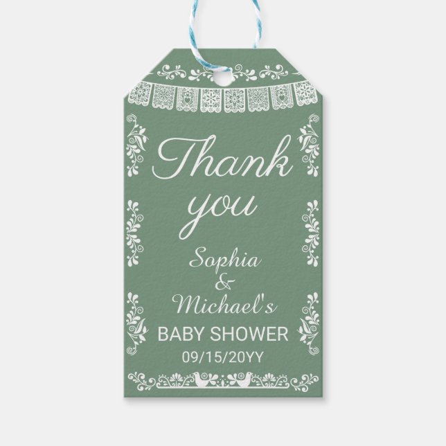 Cielito Lindo Sage Green Papel Picado Baby Shower Presentetikett (Framsidan)
