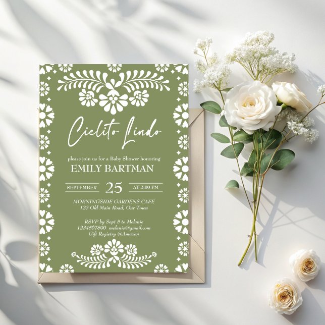 Cielito lindo sage grönt Mexikansk babydusch Inbjudningar (Cielito lindo sage green Mexican fiesta papel picado baby shower Invitation template)
