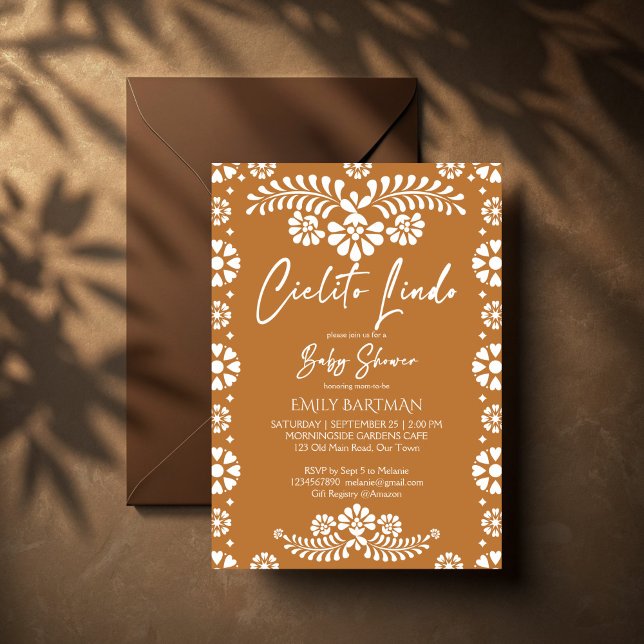 Cielito lindo terracotta Mexikanska babyduschen Inbjudningar (Cielito lindo terracotta Mexican baby shower Invitation template papel picado gender neutral invite)