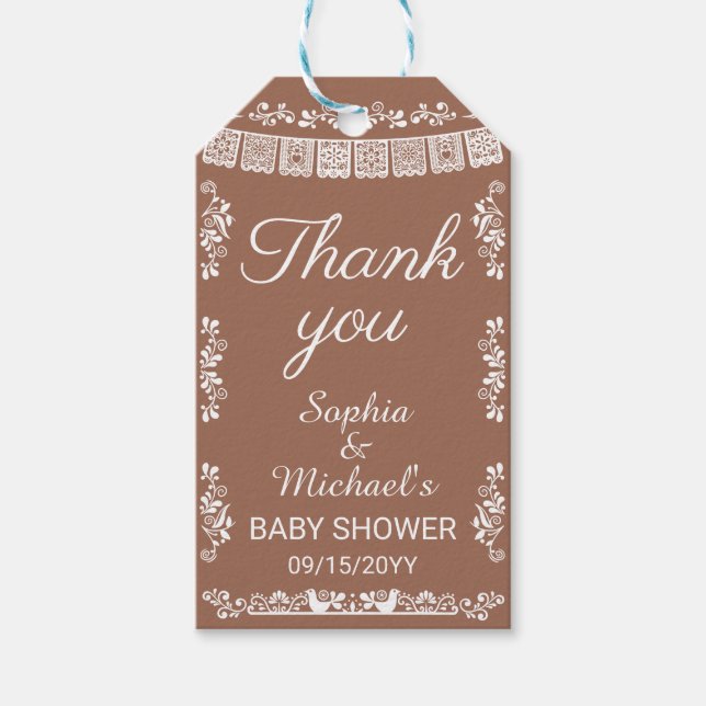 Cielito Lindo Terracotta Papel Picado Baby Shower Presentetikett (Framsidan)