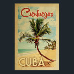 Cienfuegos Handflatan Träd Vintage resor Poster<br><div class="desc">En unik och modern cienfuegos-konst i mitten av århundradet i vintage resor poster stil. Den har en böjd handflatan träd på sandstranden med hav under ett blått grumligt himlar.</div>