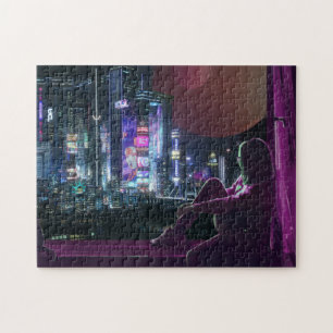 Cifi-synthwave med cyberpunk city skyline pussel