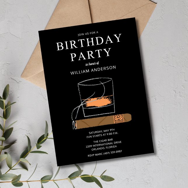 Cigar och Whisky Manar Födelsedagsfest Inbjudningar (Cigar and Whisky Men's Birthday Party Invitation)