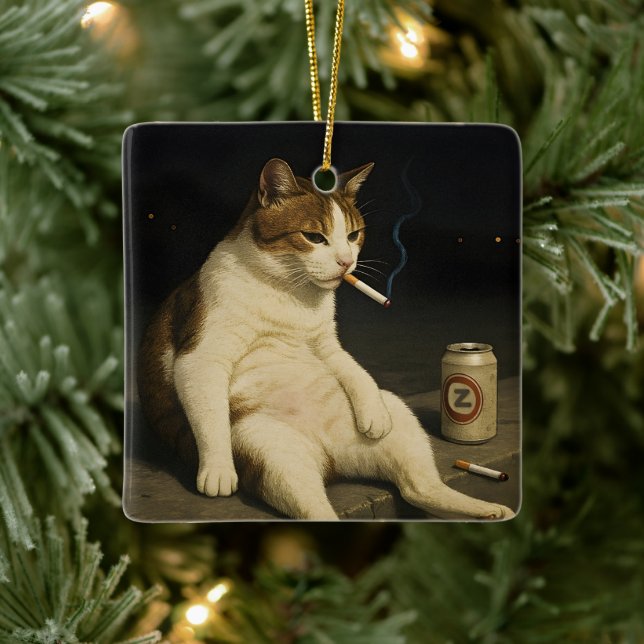 Cigarette Kitten Funny Smoking Cat Gen Z Meme Julgransprydnad Keramik (Träd)