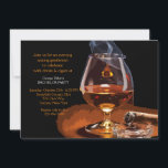 Cigarr- och konjaksinbjudan inbjudningar<br><div class="desc">En inbjudan till en man att fira en födelsedag,  klara bar exam,  möhippa och mer därtill.  På kortet syns rök stiga från en tänd cigar som ligger bredvid ett glas med brandy eller konjak.</div>