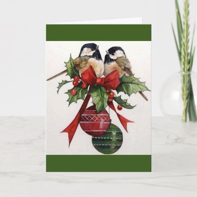 Cikadees och Holly Folded jul-Helgdag Card Helgkort (Framsida)