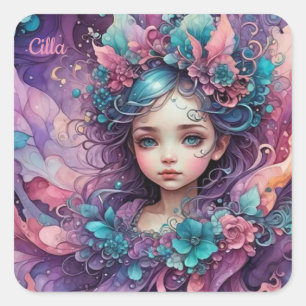 CILLA ~ WOW! Fairy Rosa Blue Lavender ~ Fyrkantigt Klistermärke