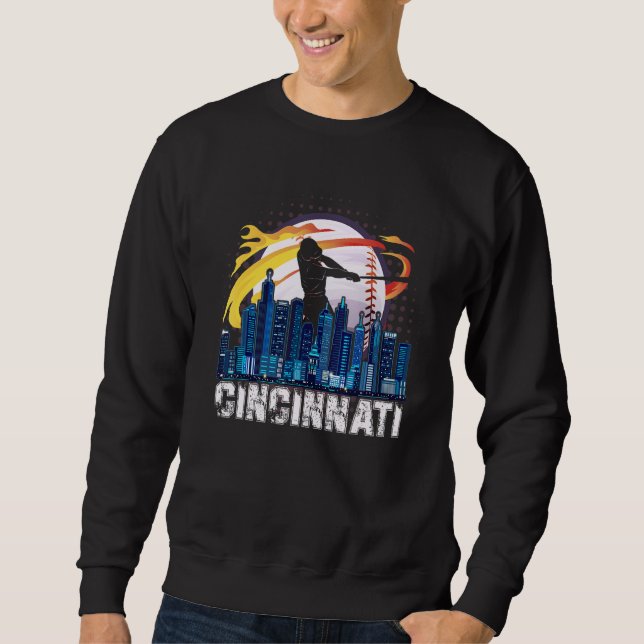 Cincinnati Baseboll Downtown Siluett Baseboll Fans Lång Ärmad Tröja (Framsida)