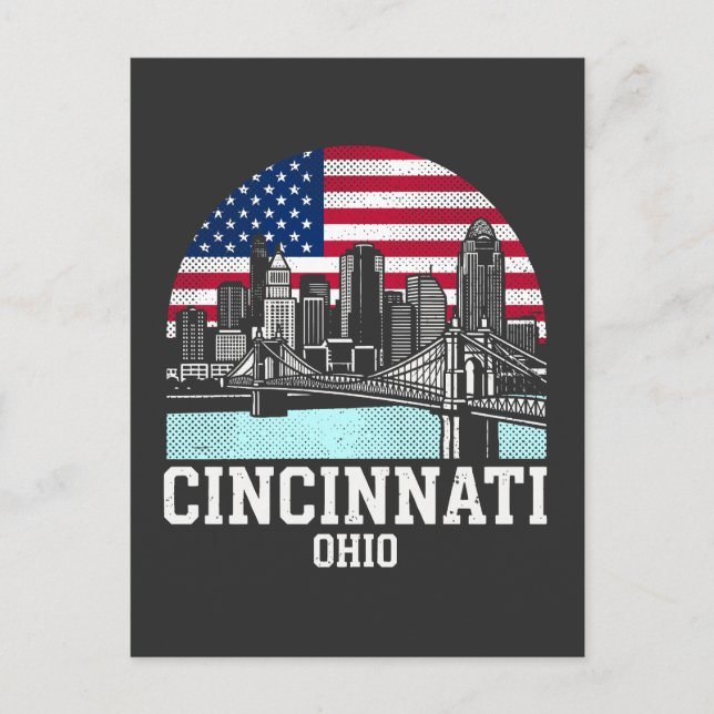 Cincinnati City Ohio Amerikansk Flagga Vykort (Framsida)