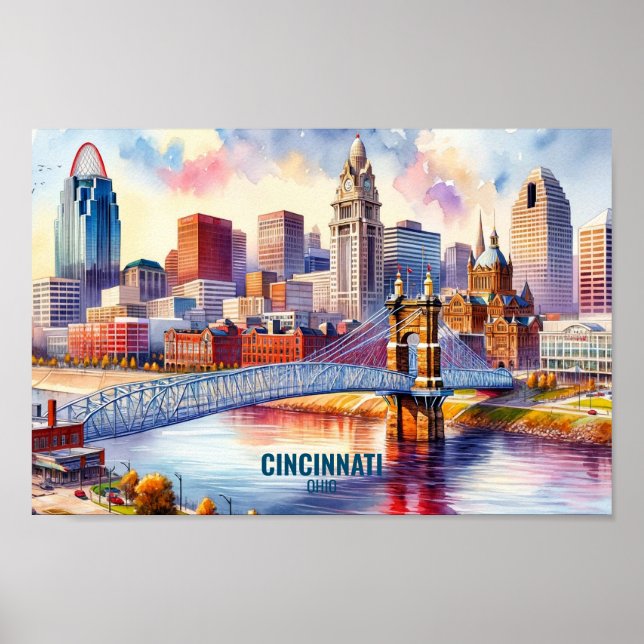 Cincinnati Ohio Berömd Travel Ställe, vattenfärg Poster (Framsidan)
