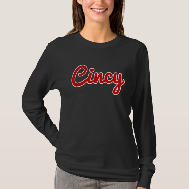 Cincinnati Ohio Classic Red Script Cincy City T Shirt (Framsida)