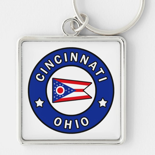 Cincinnati Ohio Fyrkantig Silverfärgad Nyckelring (Framsidan)