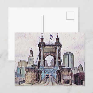 Cincinnati Roebling Suspension Bridge Watercolor Vykort