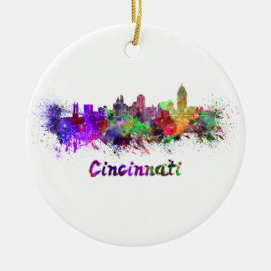 Cincinnati skyline i vattenfärg julgransprydnad keramik
