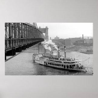 Cincinnati Suspension Bridge och Steamboat 1906 BW Poster