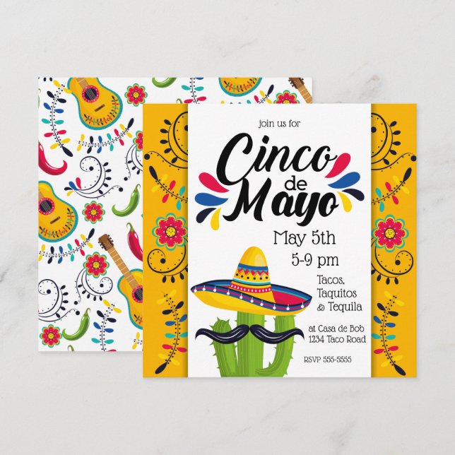 Cinco de Mayo Cactus Folk Flowers Inbjudningar (Fram/baksida)