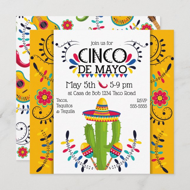 Cinco de Mayo Cactus Maracas folkinbjudan Inbjudningar (Fram/baksida)