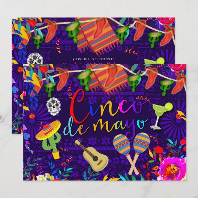 Cinco De Mayo Färgglad Firande Fiesta Fest Inbjudningar (Fram/baksida)