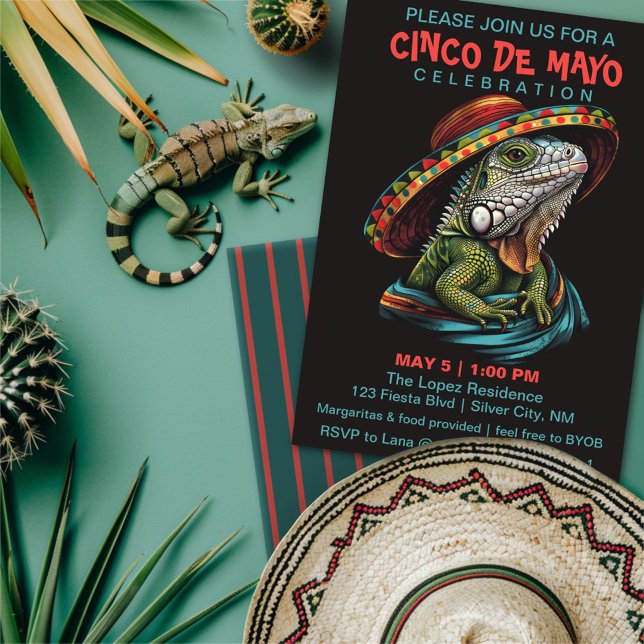 Cinco de Mayo Iguana Wearing Sombrero & Serape Inbjudningar (Skapare uppladdad)