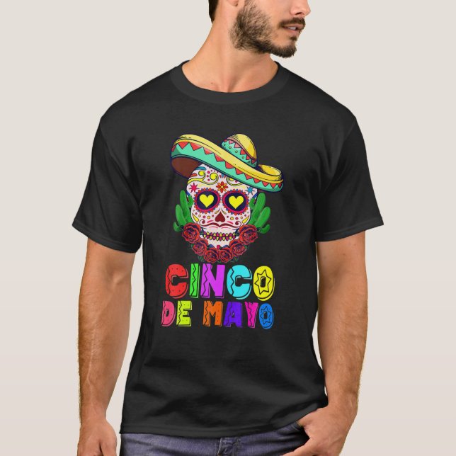Cinco De Mayo Mexican Cross Sunglasses Skull Musta T Shirt (Framsida)