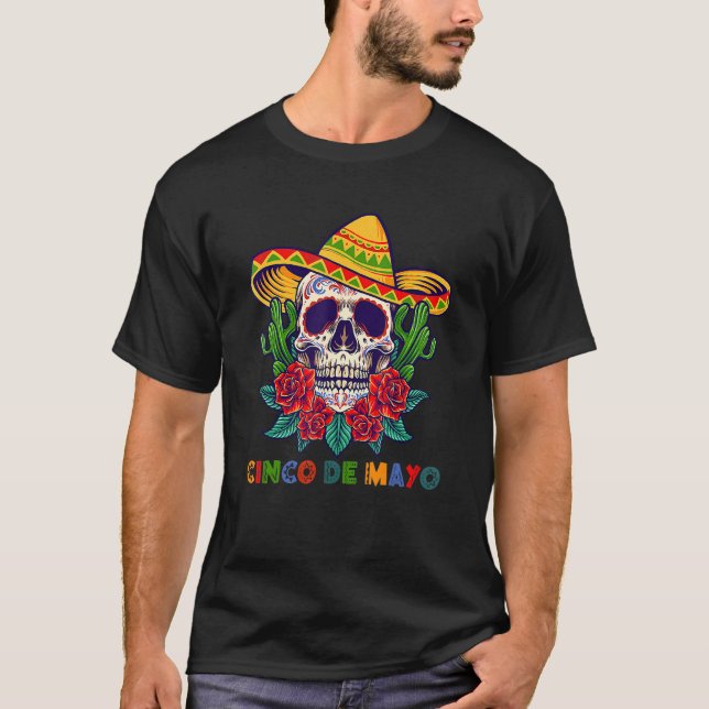 Cinco De Mayo Mexican Kor Sunglasses Skull Musta T Shirt (Framsida)