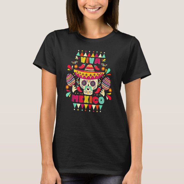 Cinco De Mayo Mexican Kor Sunglasses Skull Musta T Shirt (Framsida)