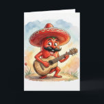 Cinco de Mayo Red Chili Pepper Guitarist Kort<br><div class="desc">A cheerful cartoon red pepper wearing a sombrero strums a guitar,  radiating a playful and whimsical vibe</div>