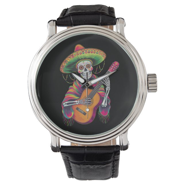 Cinco De Mayo Skelett Skalle Fiesta Gitarr Armbandsur (Framsida)