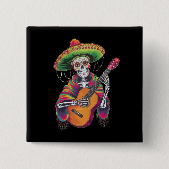 Cinco De Mayo Skelett Skalle Fiesta Gitarr Knapp (Framsida)