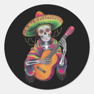 Cinco De Mayo Skelett Skalle Fiesta Gitarr Runt Klistermärke