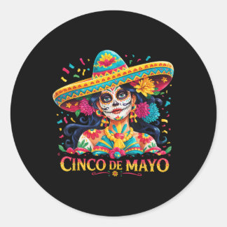 Cinco De Mayo Skull med Sombrero Women Girls Runt Klistermärke