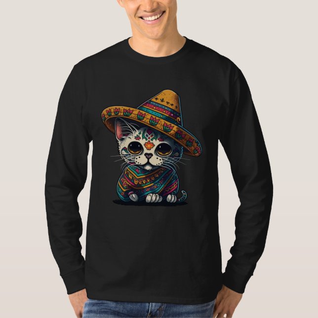 Cinco De Mayo Sugar Skull Cat Sombrero Mexican T Shirt (Framsida)
