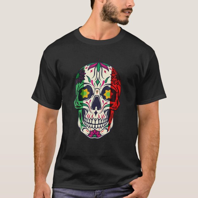 Cinco De Mayo Sugar Skull Mexikanskt Flagga Rand C T Shirt (Framsida)