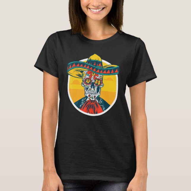 Cinco de Mayo Sugar Skull Skeleton med mexikanskt  T Shirt (Framsida)
