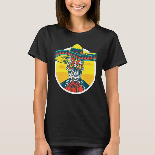 Cinco de Mayo Sugar Skull Skeleton med mexikanskt  T Shirt (Framsida)
