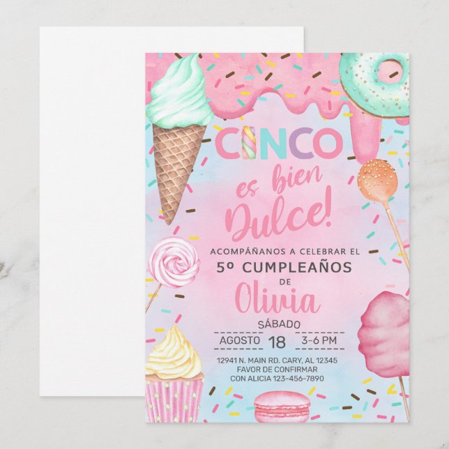 Cinco es bien dulce flicka 5-års inbjudan. inbjudningar (Fram/baksida)