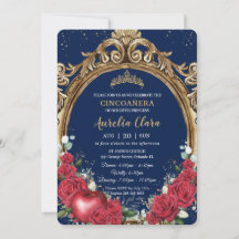 Cincoañera Röd ros Blommigt Snö White Guld Ram