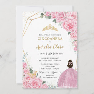 Cincoañera Rosa ros Blommigt Guld Princess Krona Inbjudningar
