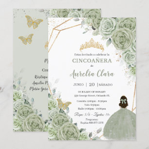 Cincoañera Sage Grönt Blommigt Guld Princess Dress Inbjudningar