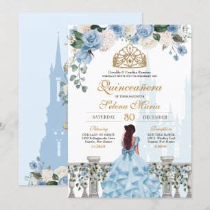Cinderella Blue Blommigt Guld Princess Quinceanera Inbjudningar