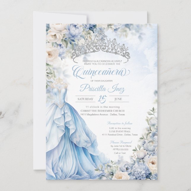 Cinderella Blue Elegant Gown Princess Quinceanera Inbjudningar (Framsida)