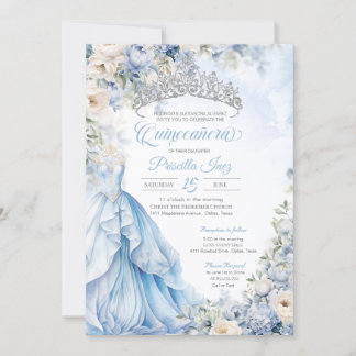 Cinderella Blue Elegant Gown Princess Quinceanera Inbjudningar