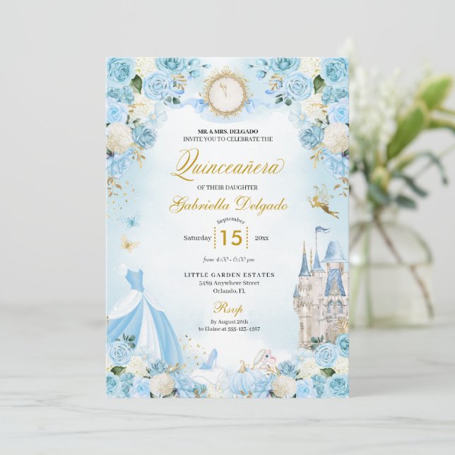Cinderella Blue Fairytale Princess Quinceanera Inbjudningar (Stående Fram)