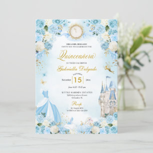 Cinderella Blue Fairytale Princess Quinceanera Inbjudningar