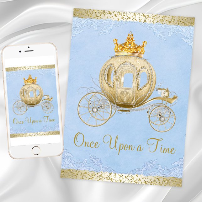 Cinderella Blue Gång på en tidsinställd prinsessa  Inbjudningar (Cinderella birthday party invitation with gold carriage on a blue and gold background. Any occasion.)