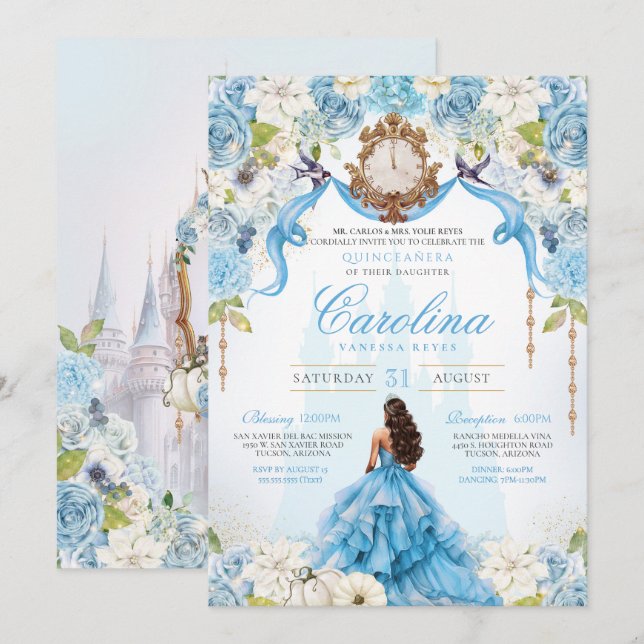 Cinderella Blue Guld Luxury Princess Quinceanera Inbjudningar (Fram/baksida)