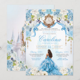 Cinderella Blue Guld Luxury Princess Quinceanera Inbjudningar