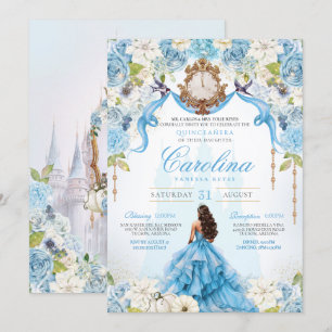 Cinderella Blue Guld Luxury Princess Quinceanera Inbjudningar