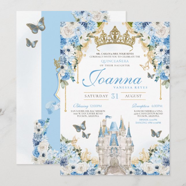 Cinderella Blue Guld Princess Castle Quinceanera Inbjudningar (Fram/baksida)