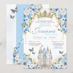 Cinderella Blue Guld Princess Castle Quinceanera Inbjudningar